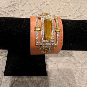 Leather Cuff Gold and Silver Bracelet with Yellow Center Stone